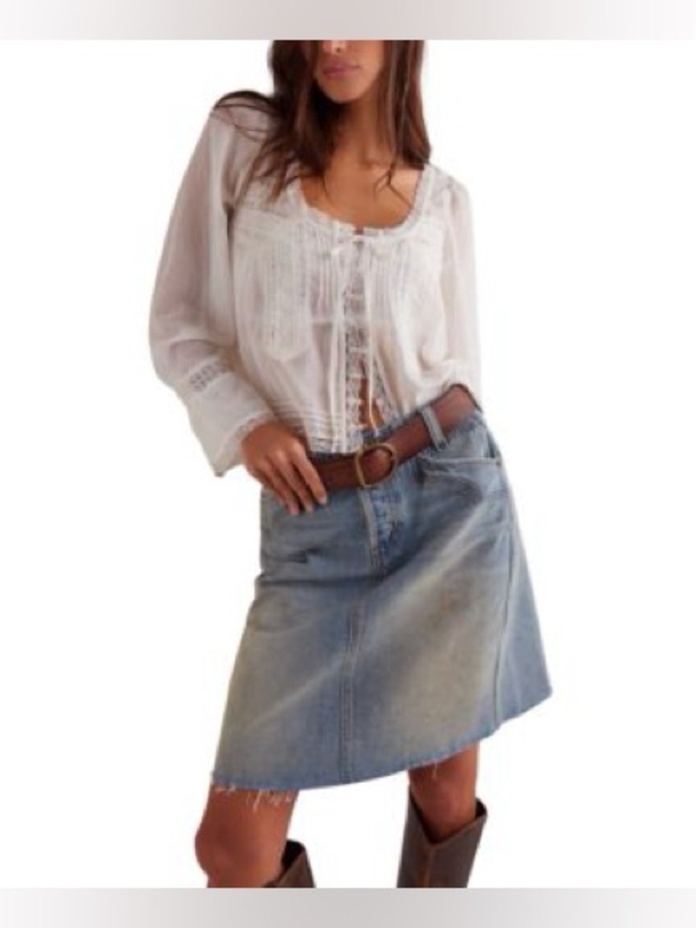 Free People Susy Raw  Hem denim midi skirt blue